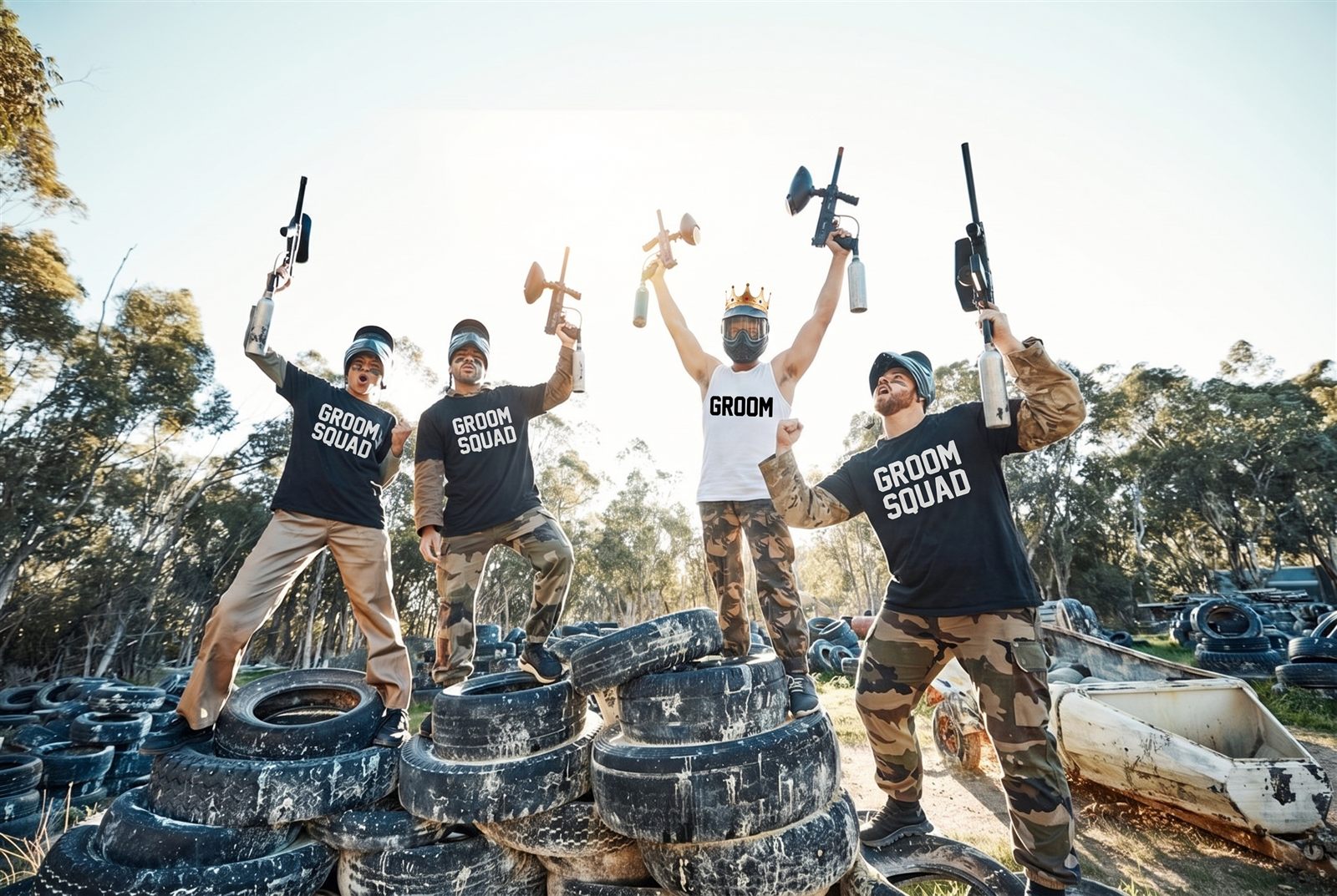Groom squad in matching shirts celebrating on the paintball field